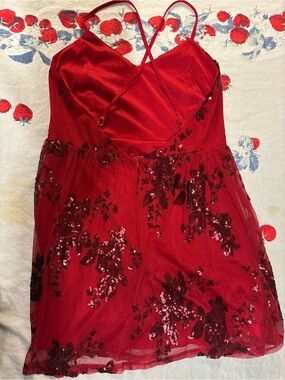 Red Sequined Mesh Overlay Dress